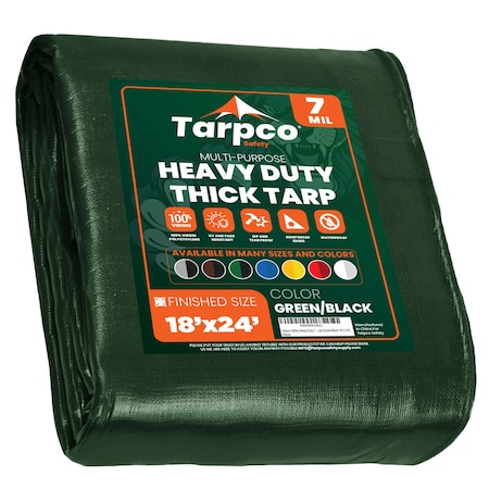 Tarpco Safety Heavy Duty Tarp, 24 ft L x 0.5 mm H x 18 ft W, 7 Mil, Green/Black, Polyethylene TS-203-18X24